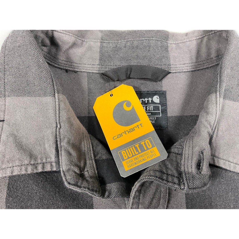 Carhartt Mens 2XL Loose Fit Heavyweight Flannel Long Sleeve Plaid Shirt Gravel - Picture 12 of 15
